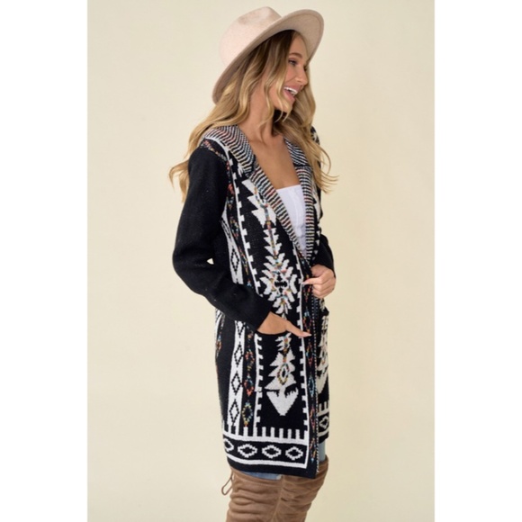 SOLD OUT Black Aztec Rainbow Western Hooded Knit Cardigan Long Sleeve Open - Picture 5 of 8